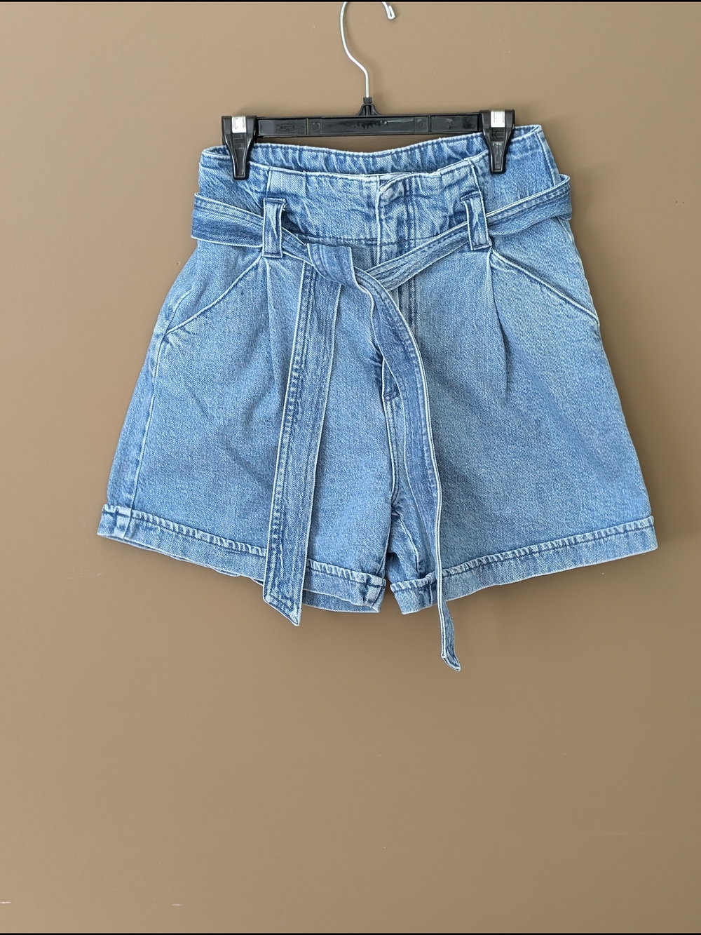 Dynamite Light Blue Denim Paperbag Waist Tie Shorts